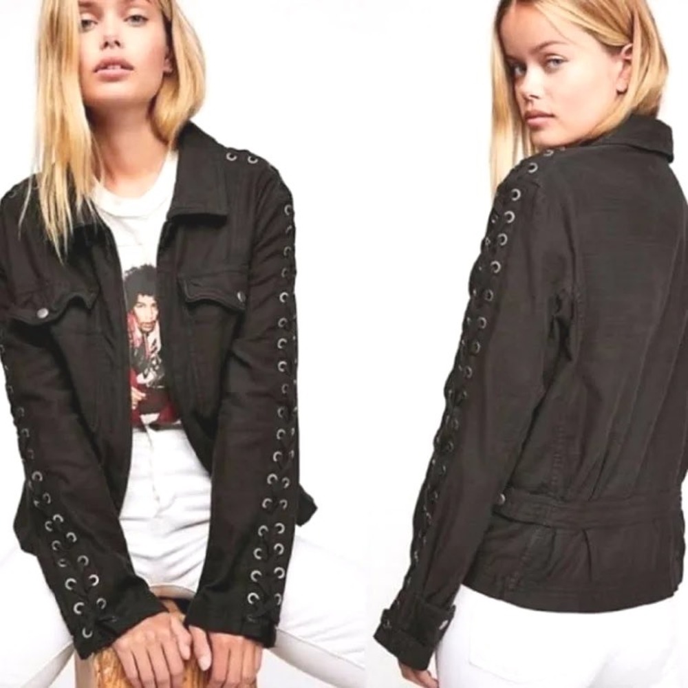 Free People Faye Light Black Lace Up Military Moto Emo Goth Full Zip Jacket - S